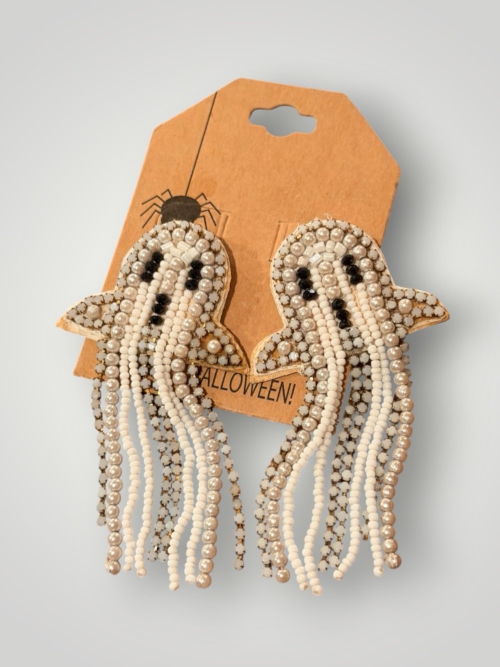 Halloween Ghost Earrings Beaded Pearl Rhinestone Fringe Statement 3 Inch